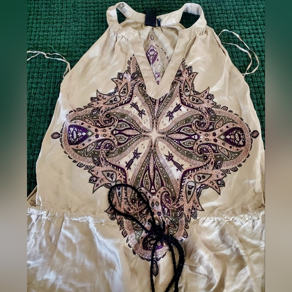 Bohemian Cream and Purple Guess Top,Size 3, 100% Silk,Black rope on waist - Picture 3 of 16